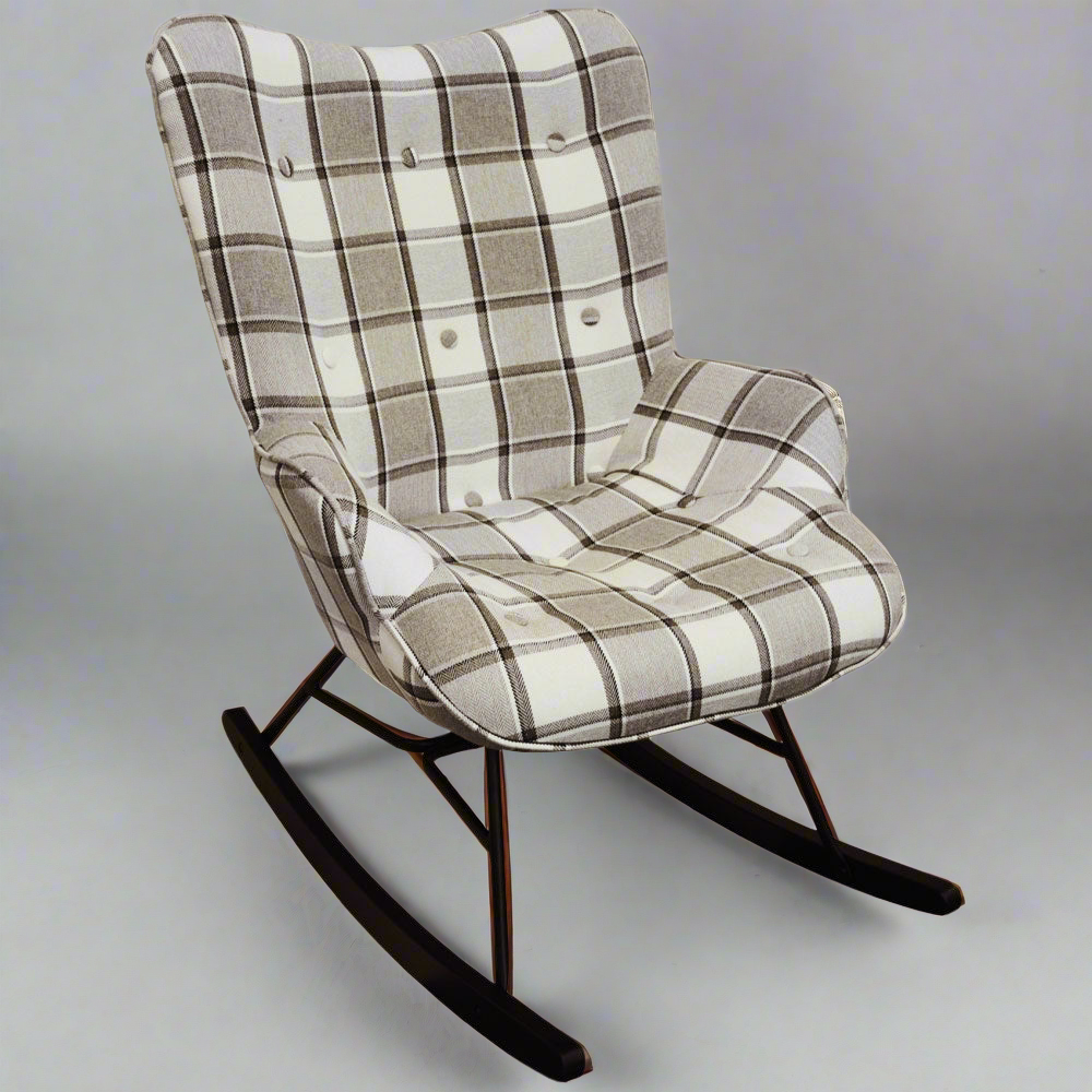 CHECK - Wing Back Rocking / Nursing Chair with Checked Tartan Fabric - Grey / White / Black