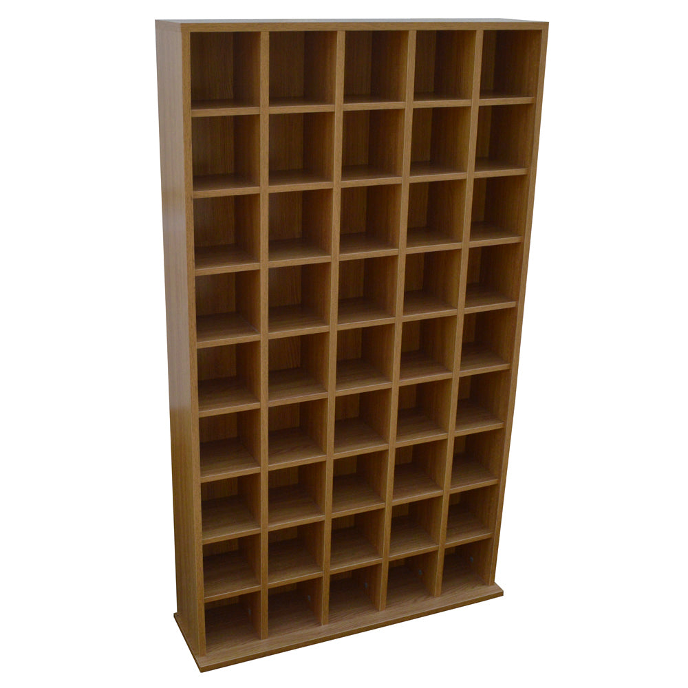 Oak media storage unit with cubby shelves