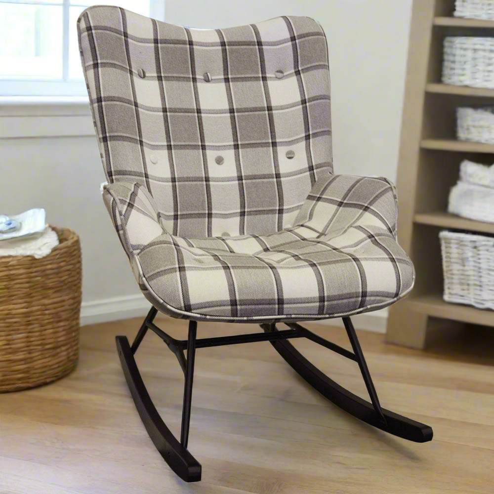 CHECK - Wing Back Rocking / Nursing Chair with Checked Tartan Fabric - Grey / White / Black