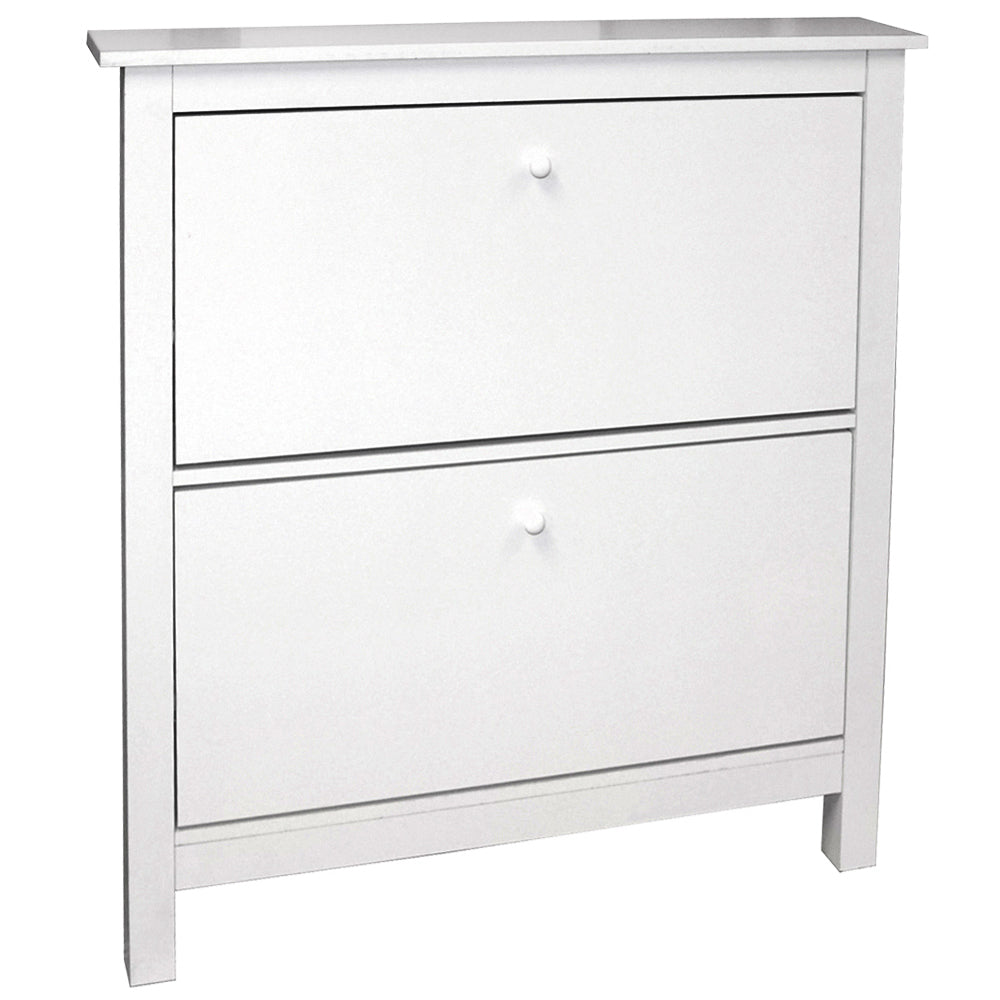 White slimline shoe storage cabinet with two drawers
