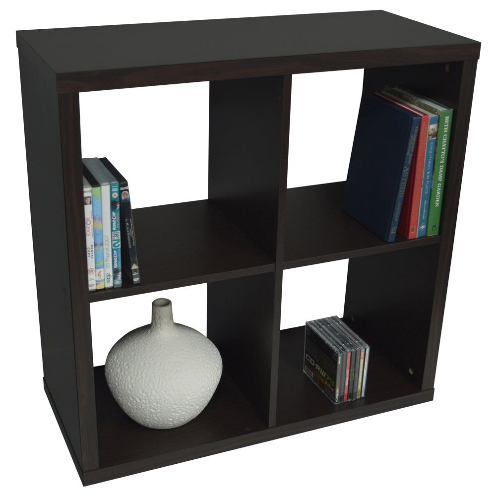 Dark oak vinyl record storage unit with sleek cubby design