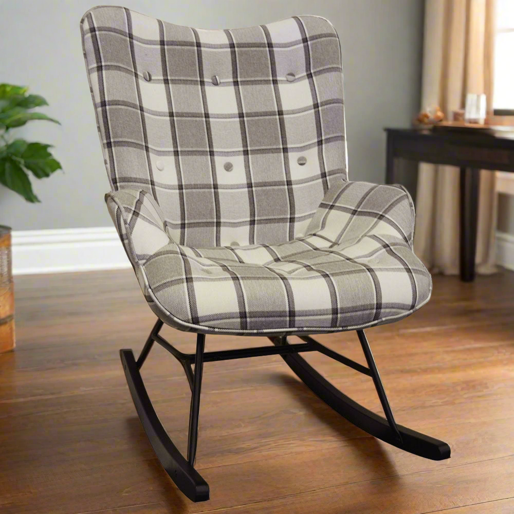 Check Wing Back Rocking Chair – Grey Tartan Fabric
