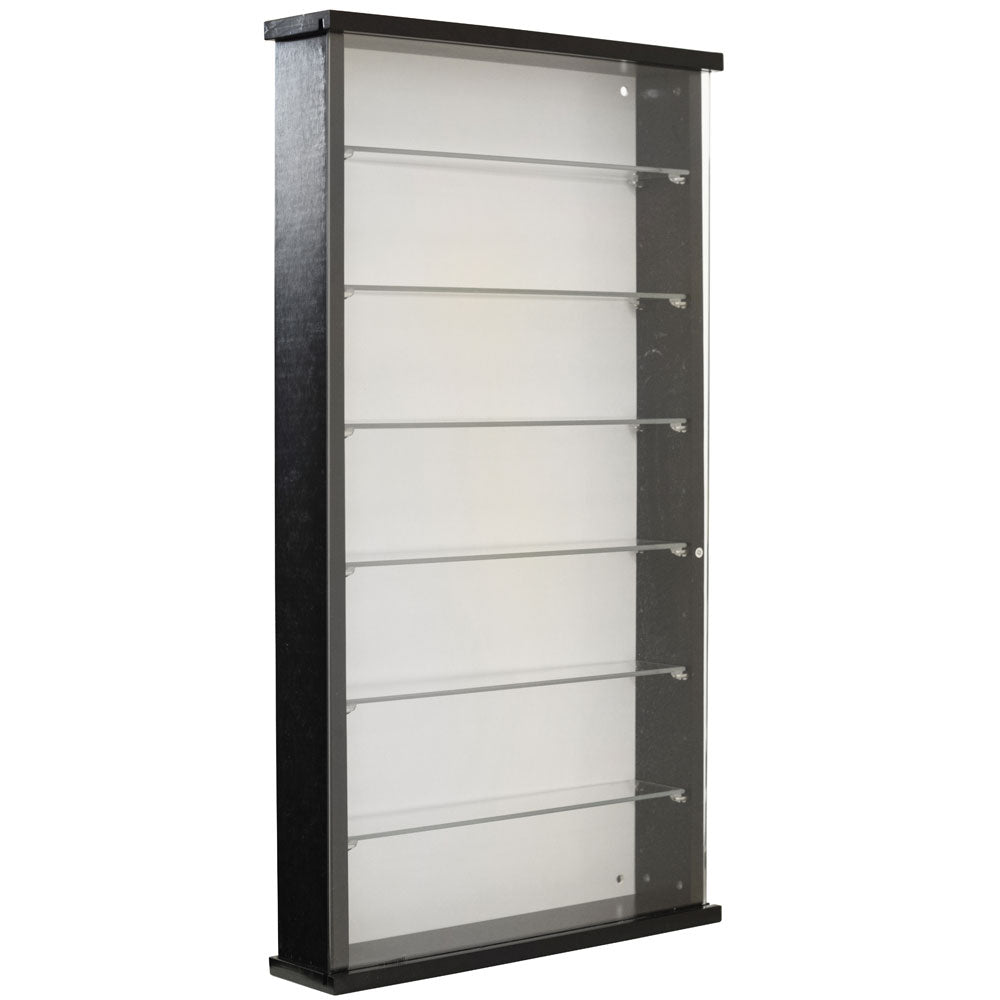 Black wall-mounted display cabinet with glass shelves