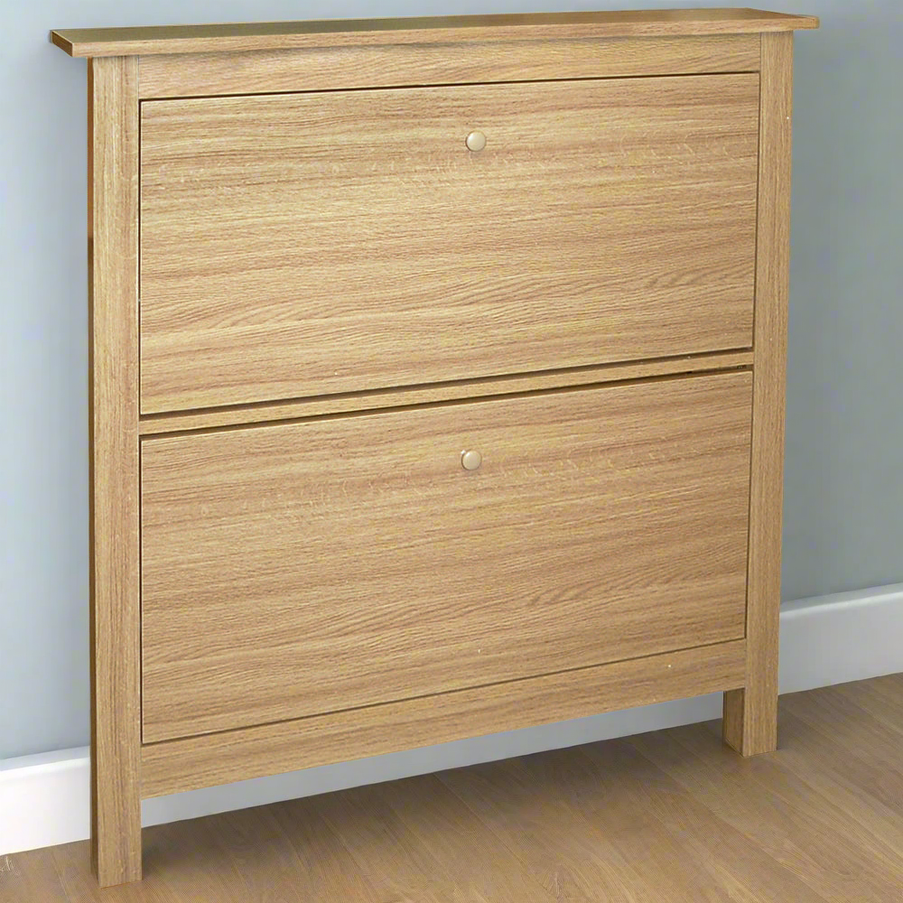STOWE - 8 Pair 2 Drawer Shoe Storage Organiser Cabinet - Oak