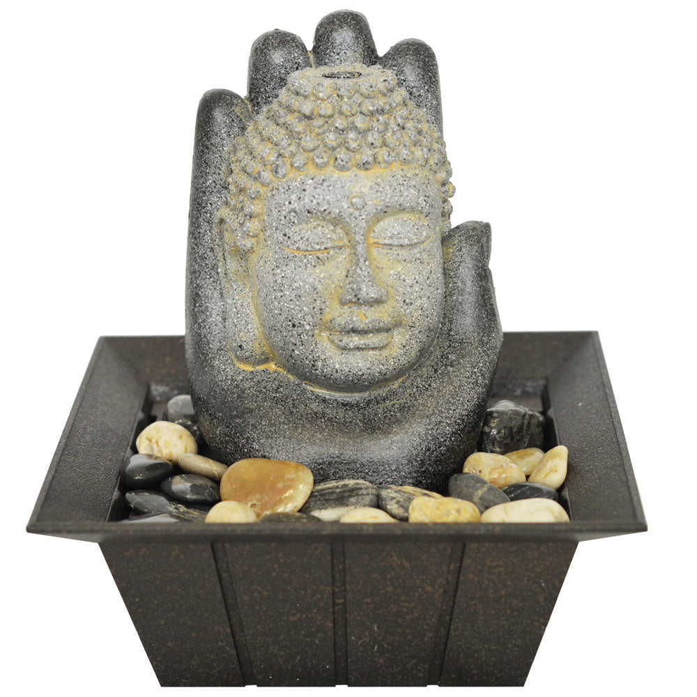 Buddha and Hand Tabletop Indoor Fountain / Water Feature with Pebbles