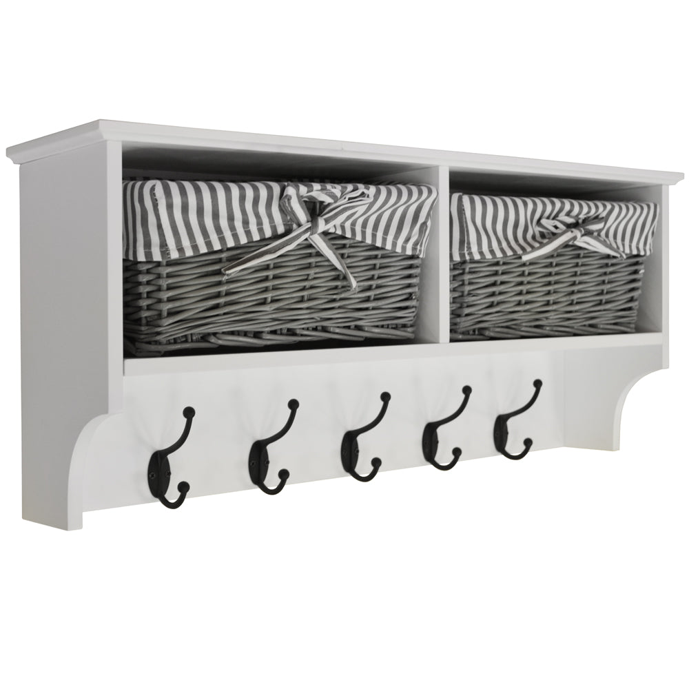 Hallway Wall Storage Shelf with 2 Baskets and 6 Coat Hooks - White / Grey