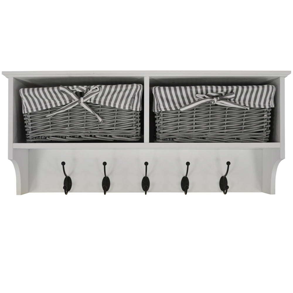 HALLWAY - Wall Storage Shelf with 2 Baskets and 5 Coat Hooks - White / Grey