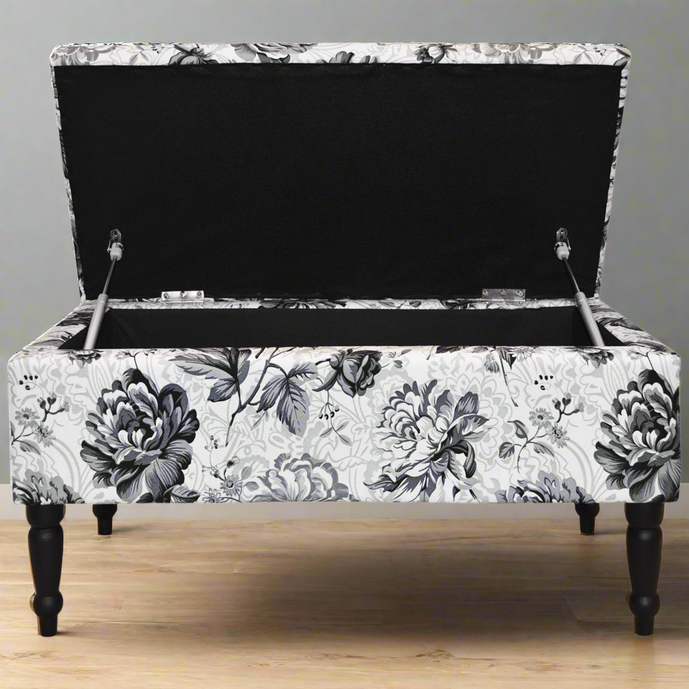 BLACK ROSE - Storage Ottoman Stool / Blanket Box / Padded Trunk - Black / White