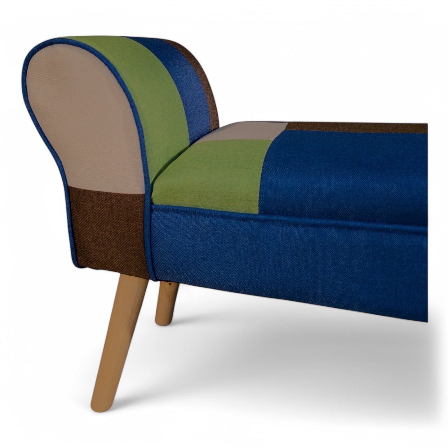 Detailed view of patchwork fabric on Chaise Pouffe