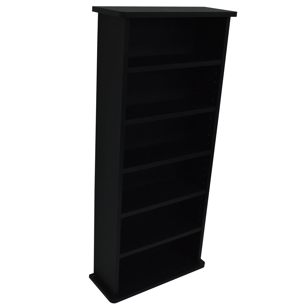 Black media storage cabinet with six adjustable shelves