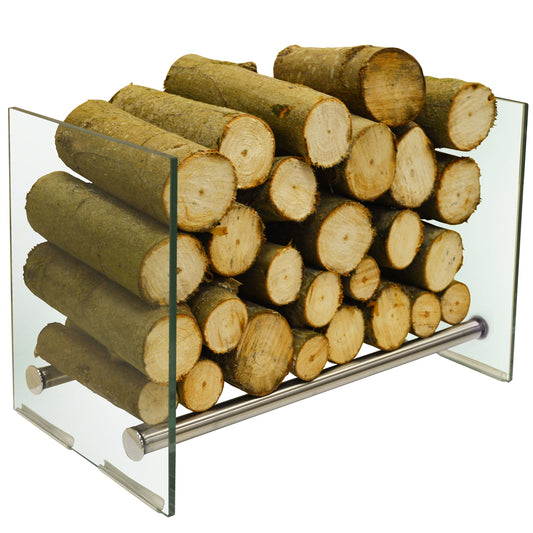 Modern tempered glass and steel log holder for stylish interiors