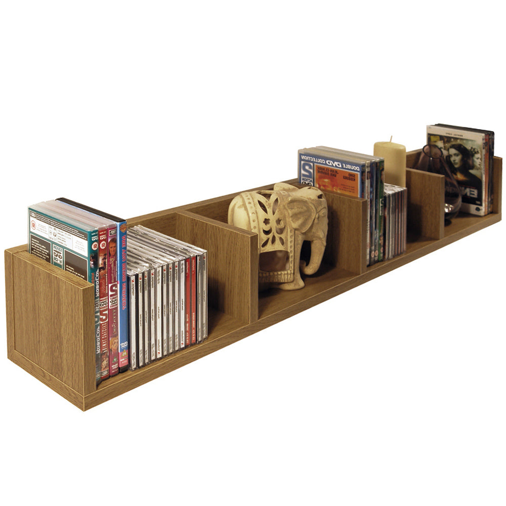 Wall-mounted oak CD/DVD storage shelf for small spaces