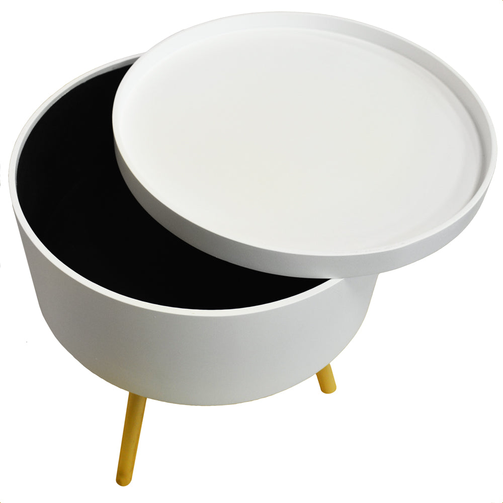 DRUM - Retro Wood Tray Top End Table / Bedside Table - White / Natural