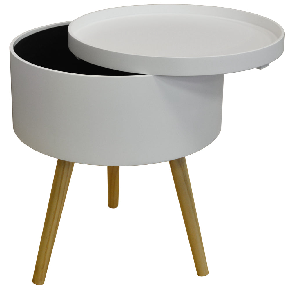 DRUM - Retro Wood Tray Top End Table / Bedside Table - White / Natural