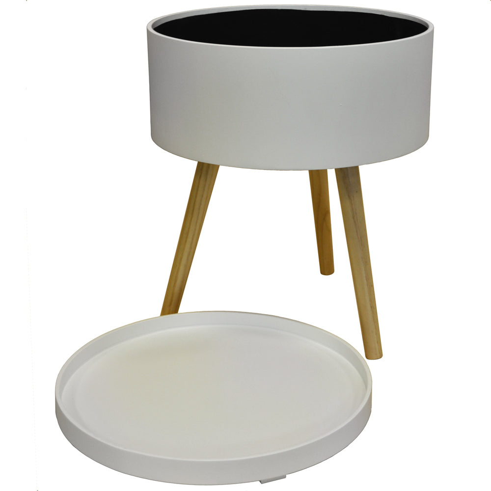 DRUM - Retro Wood Tray Top End Table / Bedside Table - White / Natural
