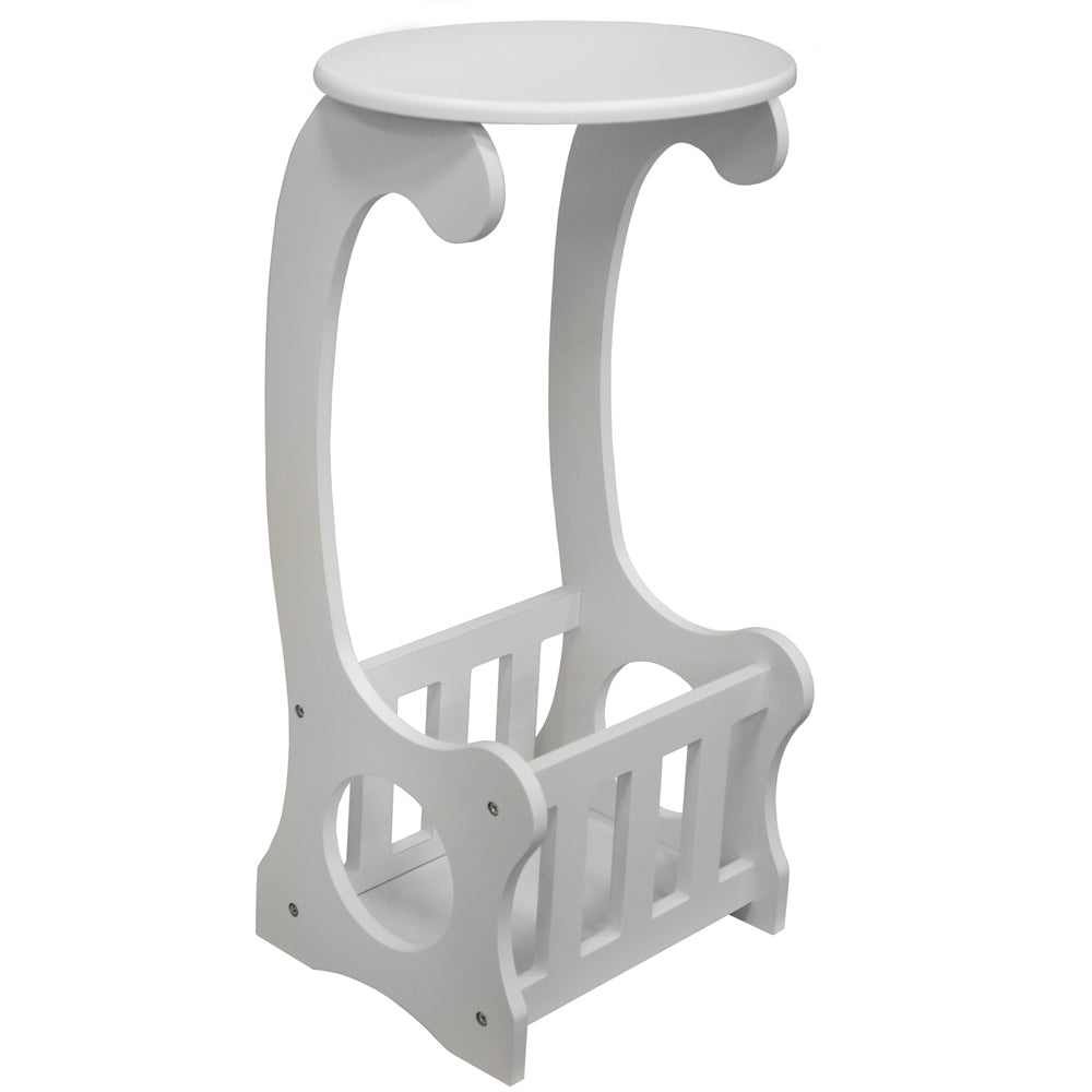 SCROLL - Side / End / Bedside Table with Magazine / Book Storage Rack - White