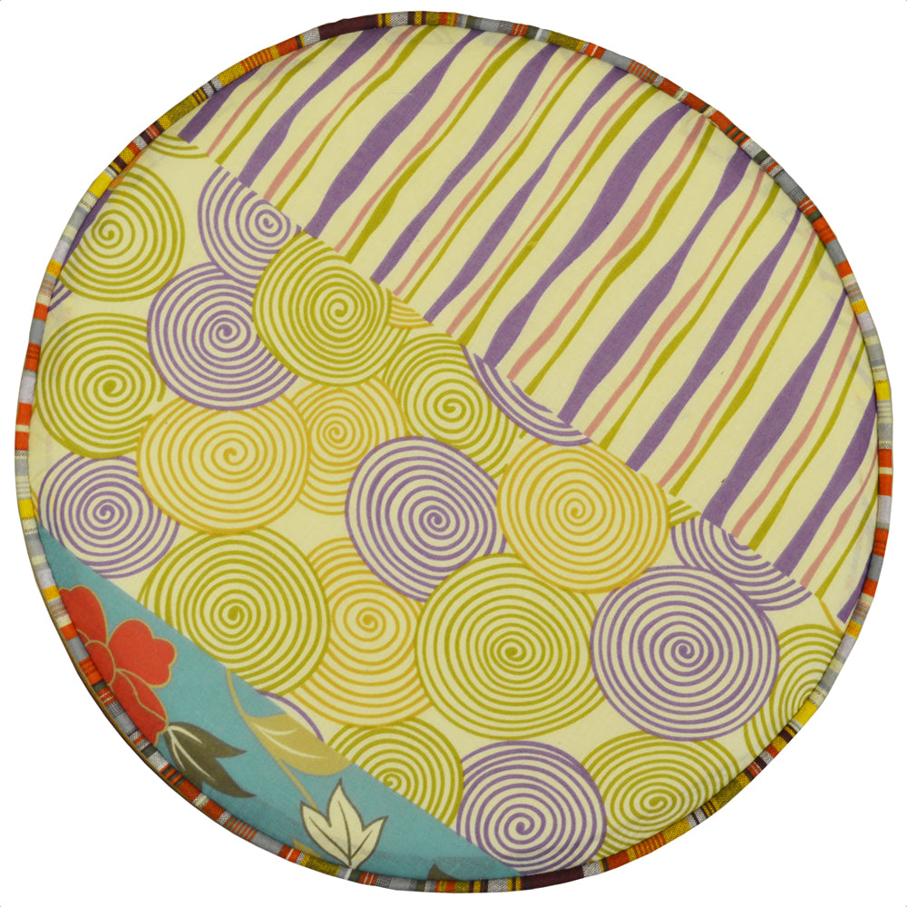 PATCHWORK - Shabby Chic Round Pouffe Padded Stool /Wood Legs - Multi-coloured