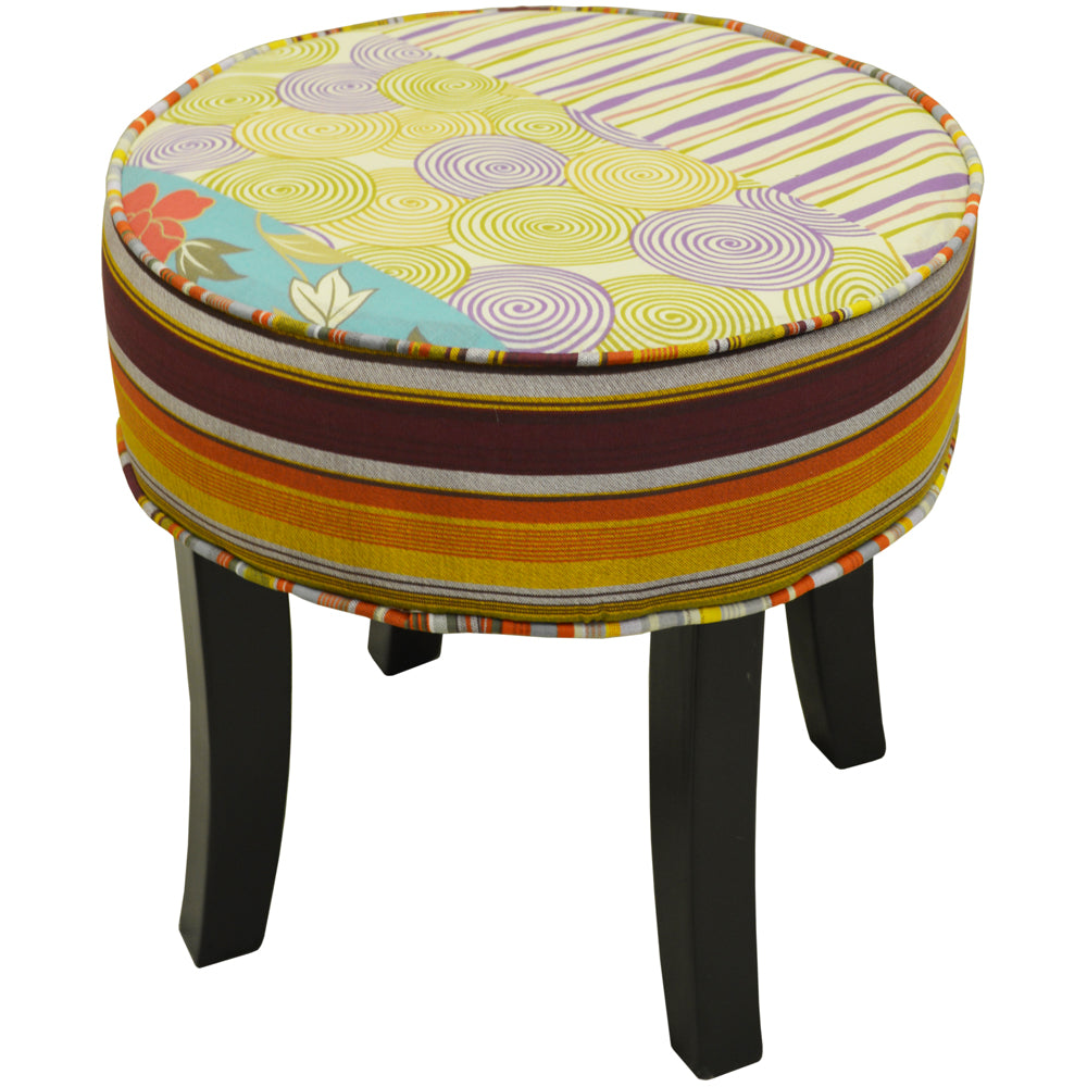 PATCHWORK - Shabby Chic Round Pouffe Padded Stool /Wood Legs - Multi-coloured