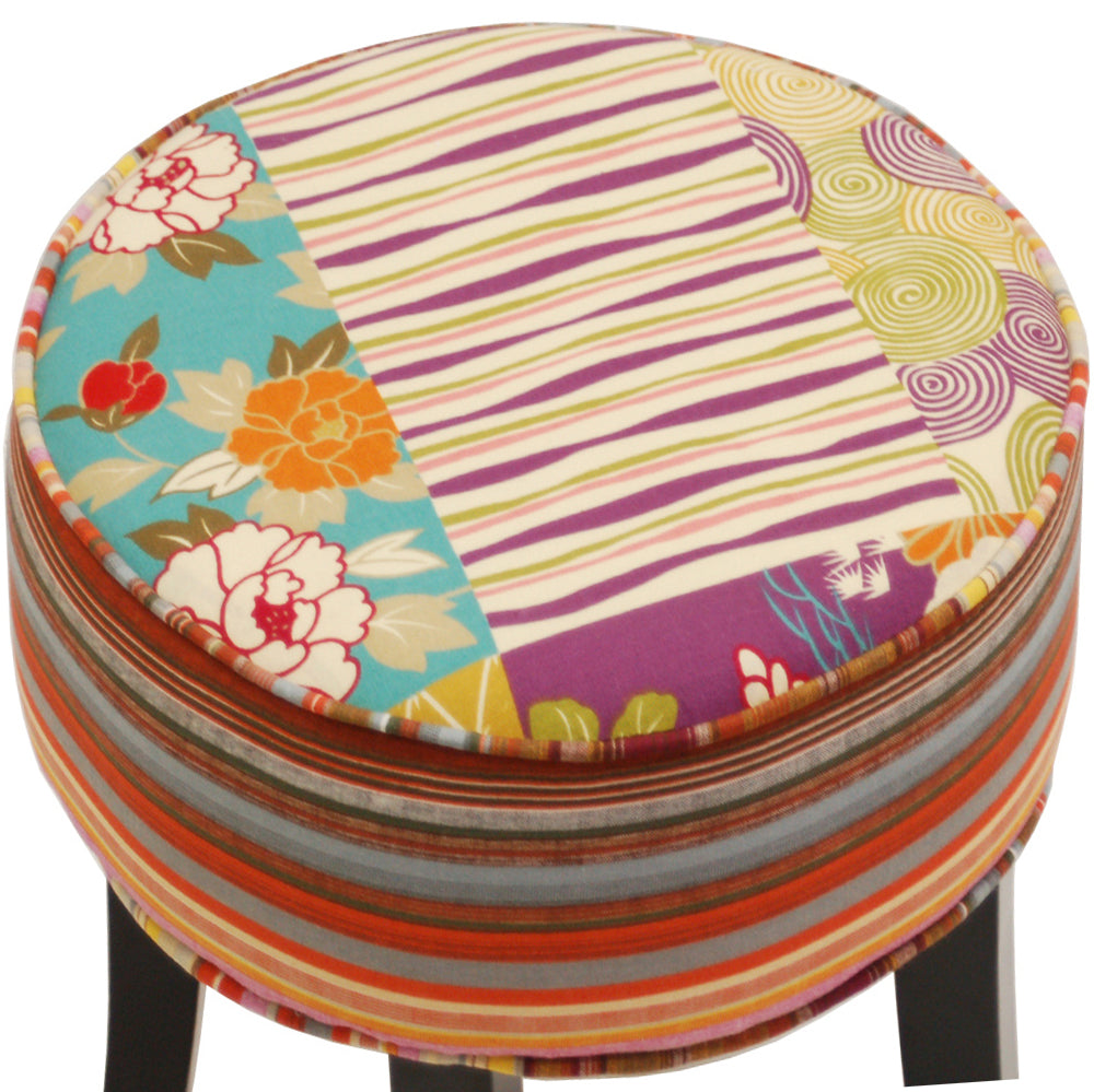 PATCHWORK - Shabby Chic Round Pouffe Padded Stool /Wood Legs - Multi-coloured
