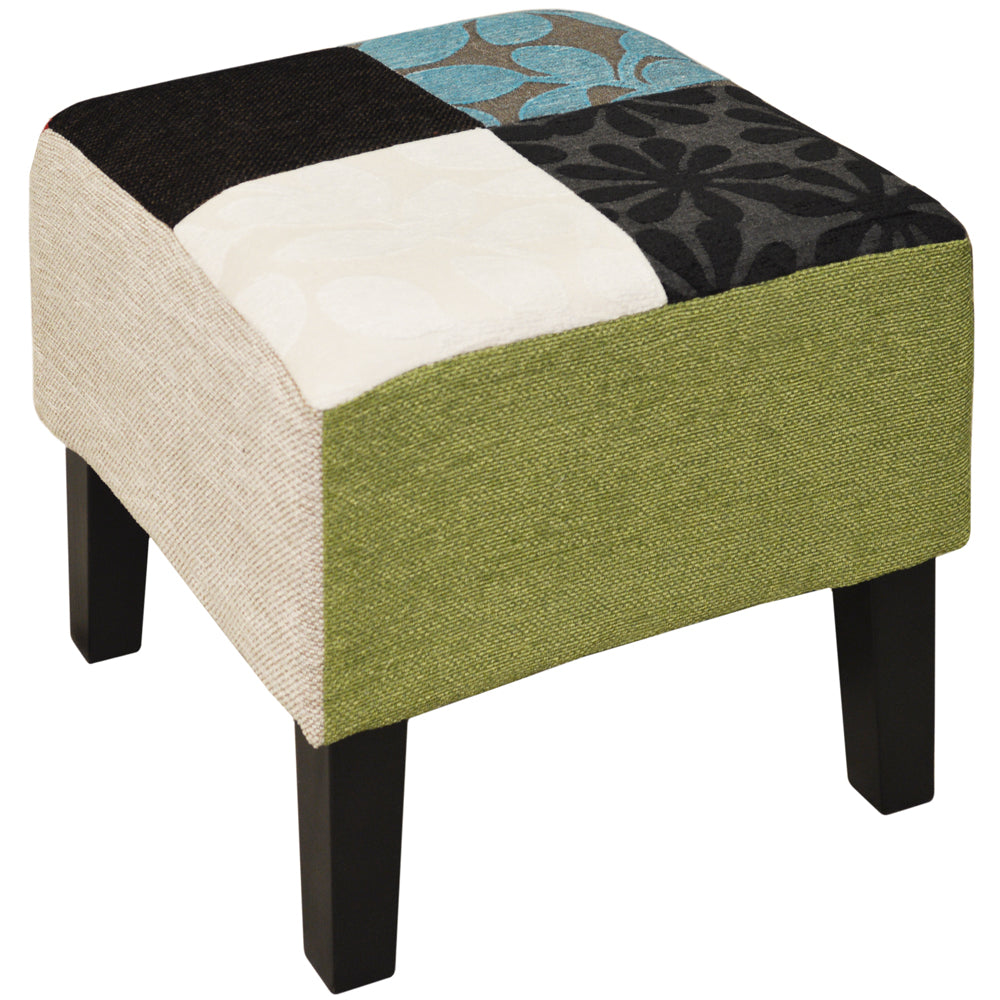 PLUSH PATCHWORK - Shabby Chic Square Pouffe Stool / Wood Legs - Blue / Green / Red