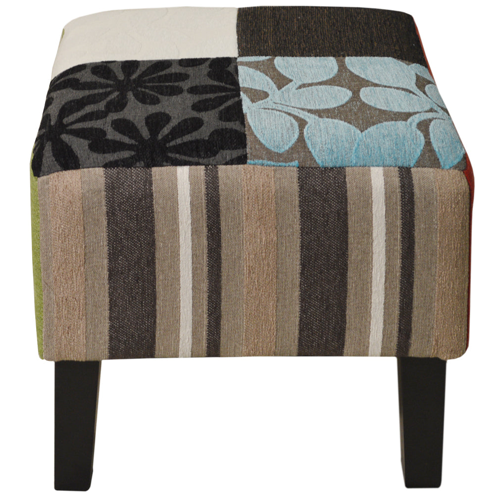 PLUSH PATCHWORK - Shabby Chic Square Pouffe Stool / Wood Legs - Blue / Green / Red