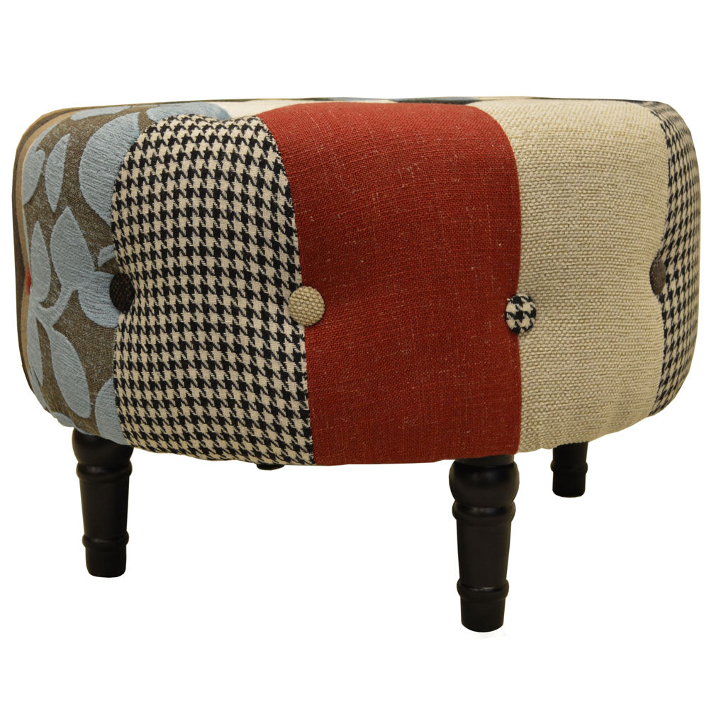 PLUSH PATCHWORK - Round Pouffe Padded Footstool with Wood Legs - Blue / Green / Red