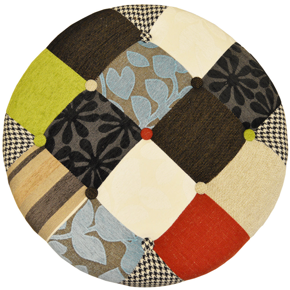 PLUSH PATCHWORK - Round Pouffe Padded Footstool with Wood Legs - Blue / Green / Red