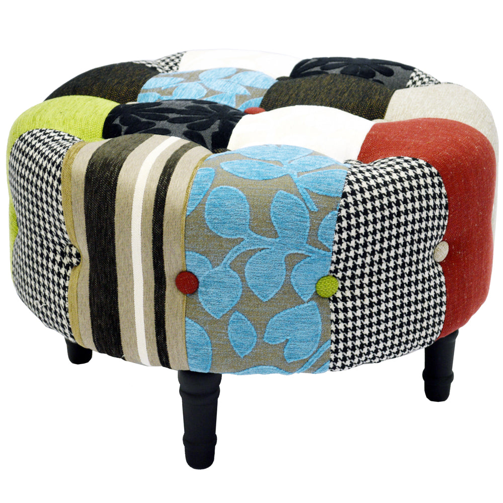 PLUSH PATCHWORK - Round Pouffe Padded Footstool with Wood Legs - Blue / Gre