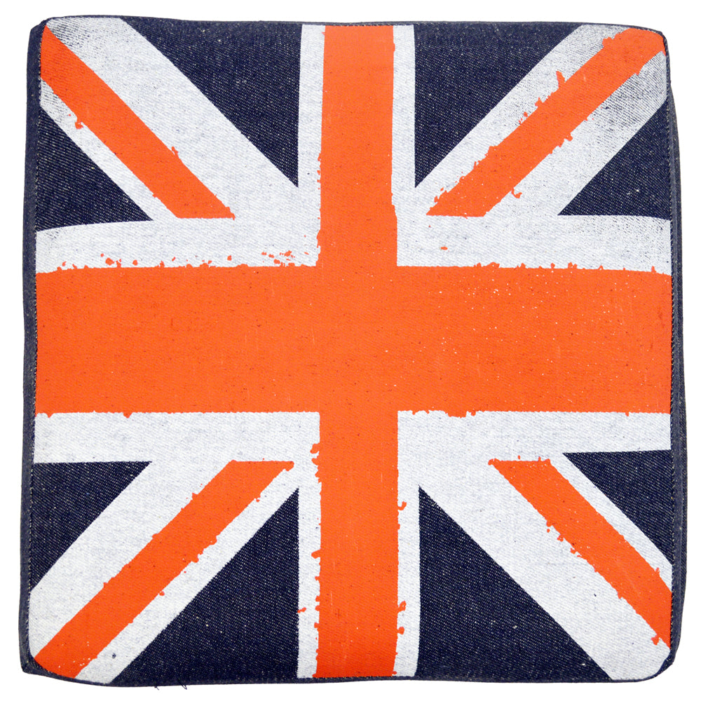 UNION JACK - Square Flag Padded Storage Pouffe Stool - Blue / Red / Grey