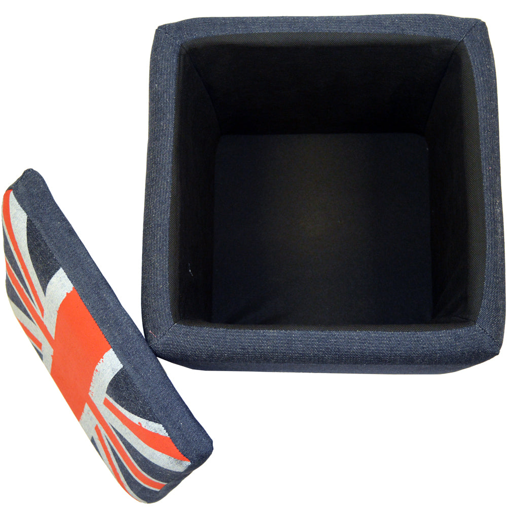UNION JACK - Square Flag Padded Storage Pouffe Stool - Blue / Red / Grey