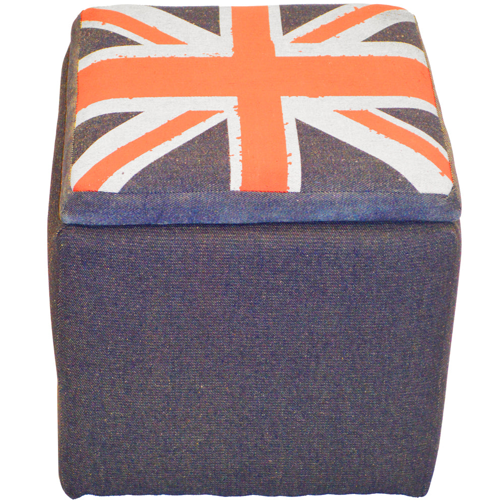 UNION JACK - Square Flag Padded Storage Pouffe Stool - Blue / Red / Grey