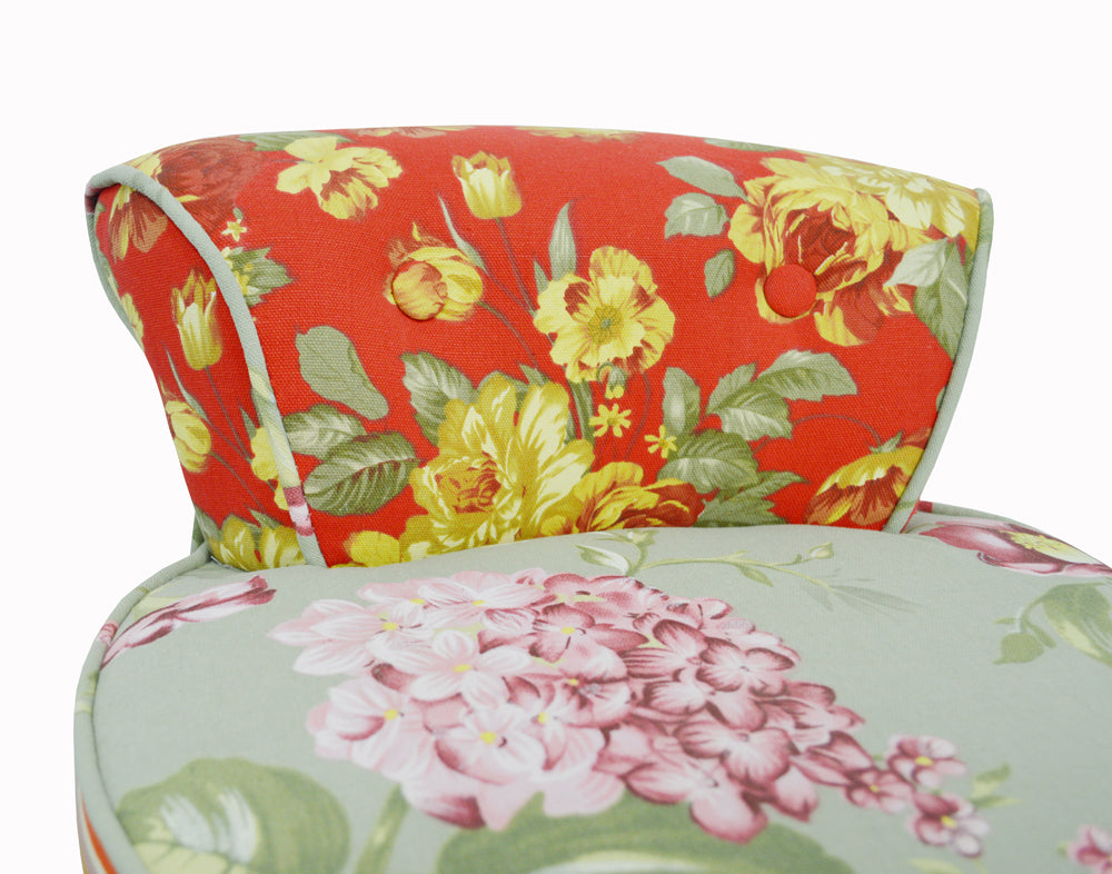 ROSES - Shabby Chic Padded Stool / Low Back Chair with Wood Legs - Multi-coloured