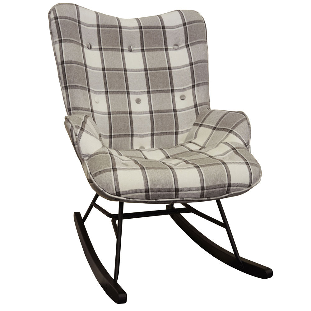 CHECK - Wing Back Rocking / Nursing Chair with Checked Tartan Fabric - Grey / White / Black