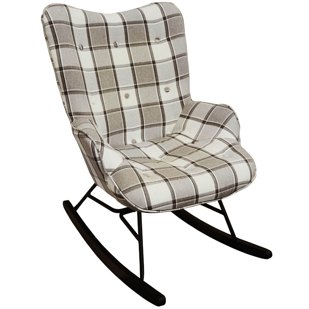 Wing Back Rocking / Nursing Chair with Checked Tartan Fabric - Grey / White