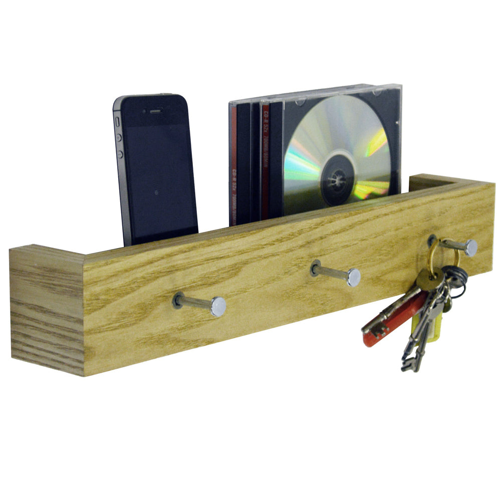 ELLIS - 2 PACK - Wall Mounted 40cm Floating Shelf with 3 Hooks - Oak