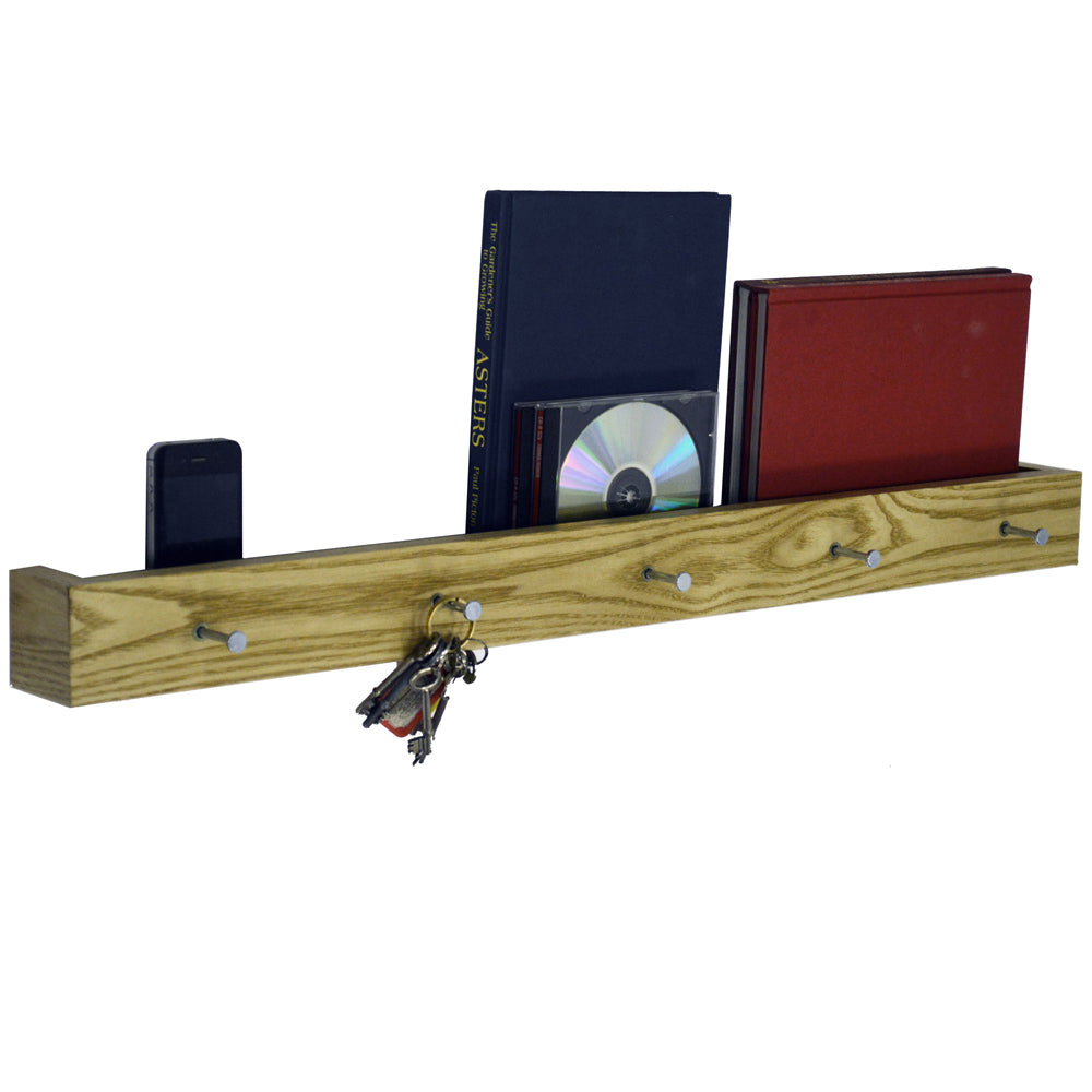 ELLIS - 2 PACK - Wall Mounted 80cm Floating Shelf with 5 Hooks - Oak