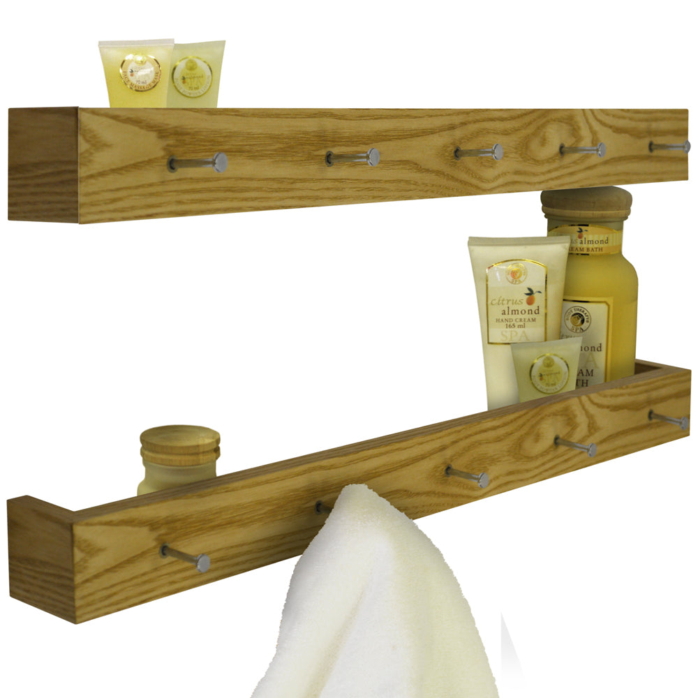 2 PACK - Wall Mounted 80cm Floating 5 Coat Hook / Picture Shelf - Oak