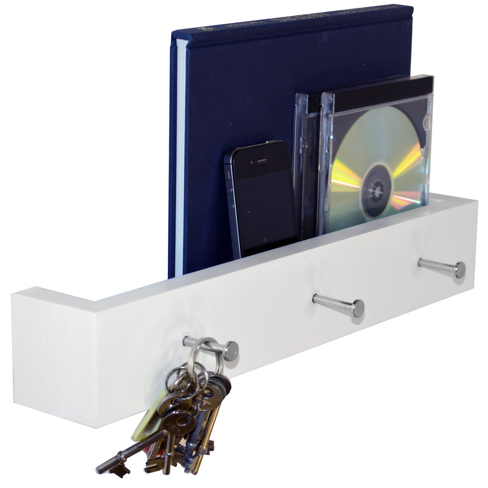 Wall Mounted 40cm Floating 3 Hook Shelf / Bathroom Storage - White