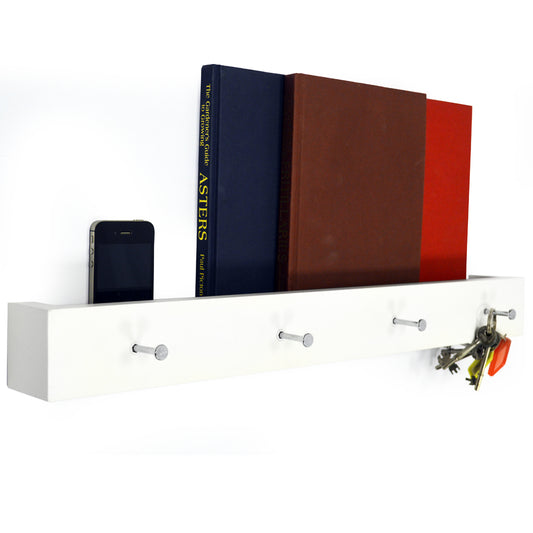 Wall Mounted 40cm Floating 4 Hook Shelf / Bathroom Storage - White