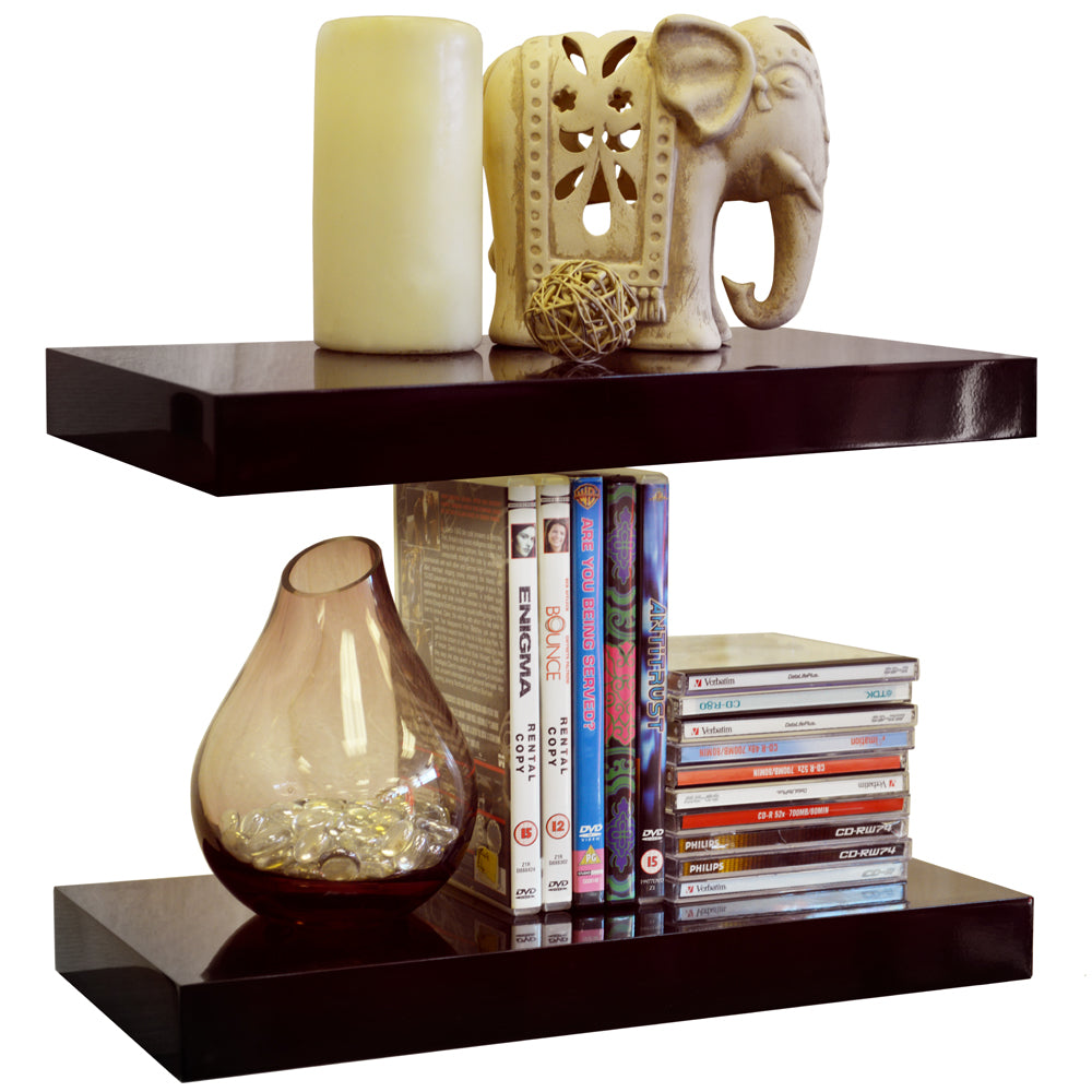Set of two 40cm black floating shelves with high-gloss finish