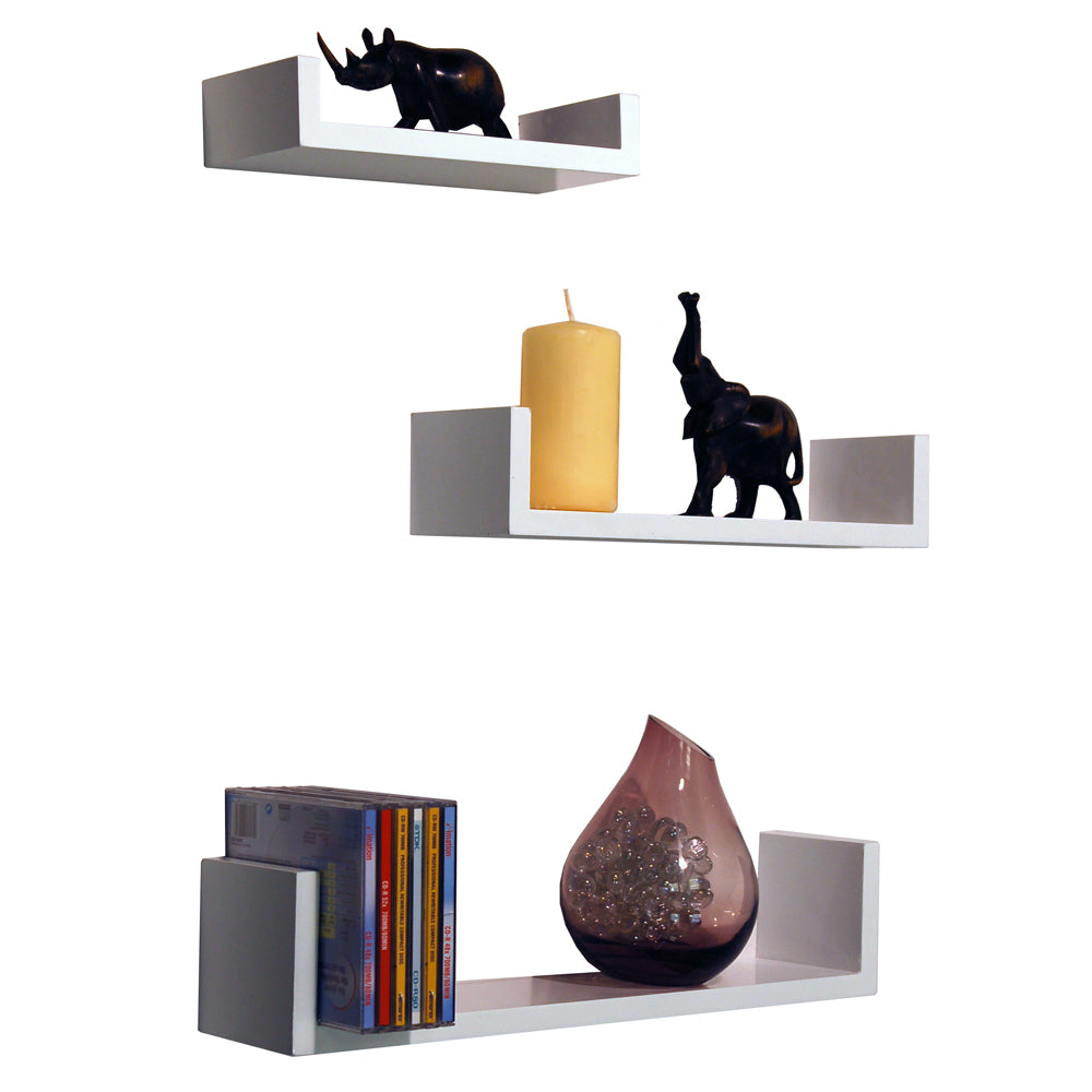 Set of three white gloss floating shelves for modern interiors