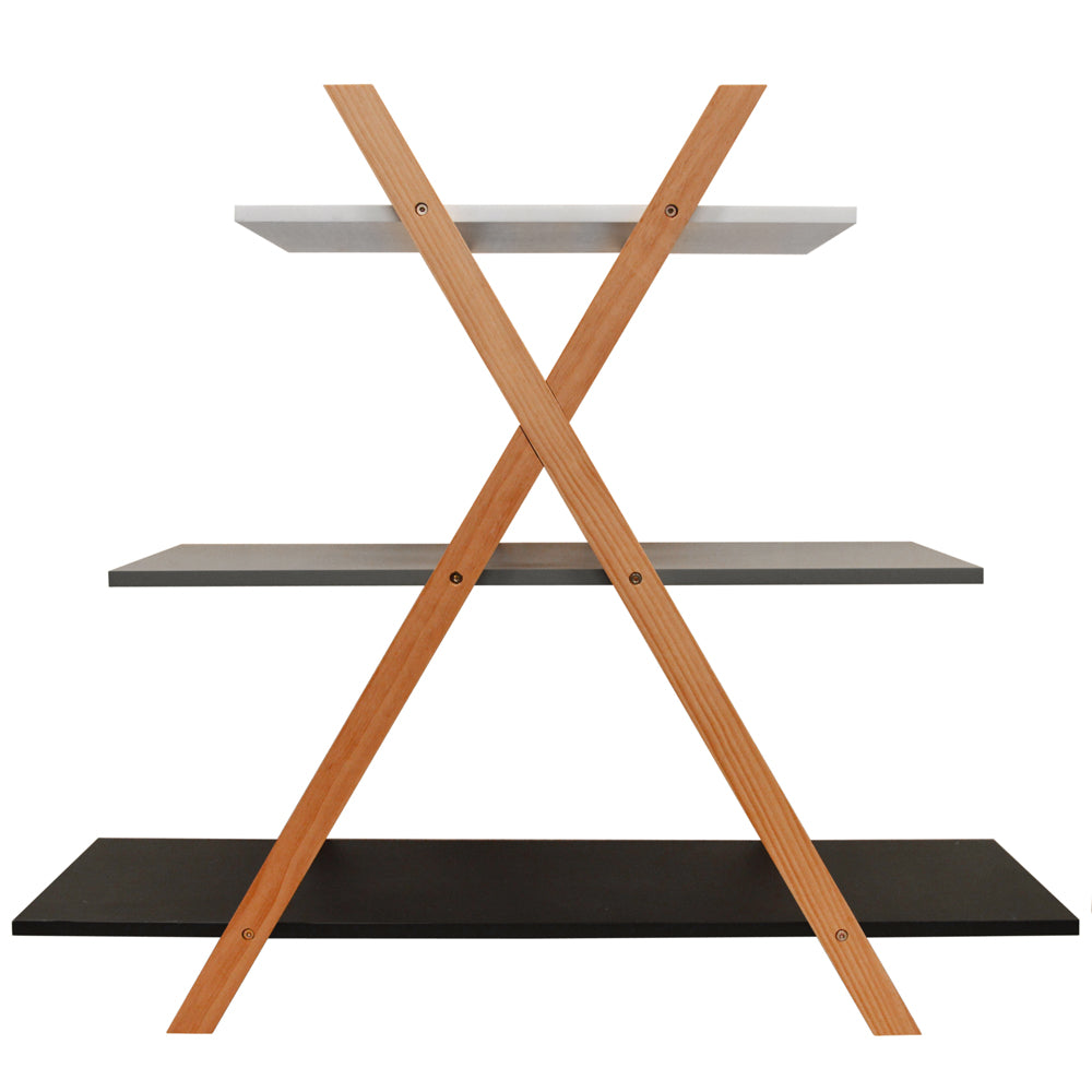 AVONE - Retro 3 Tier Wood Cross X Frame Storage Shelf Bookcase - White / Grey / Black