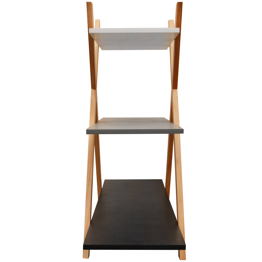 AVONE - Retro 3 Tier Wood Cross X Frame Storage Shelf Bookcase - White / Grey / Black