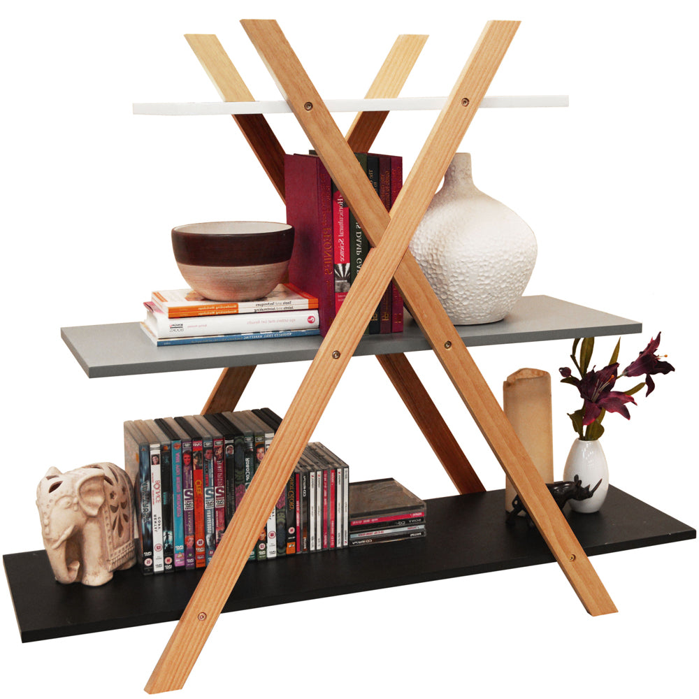 Retro 3 Tier Wood Cross X Frame Shelf Bookcase - White / Grey / Black