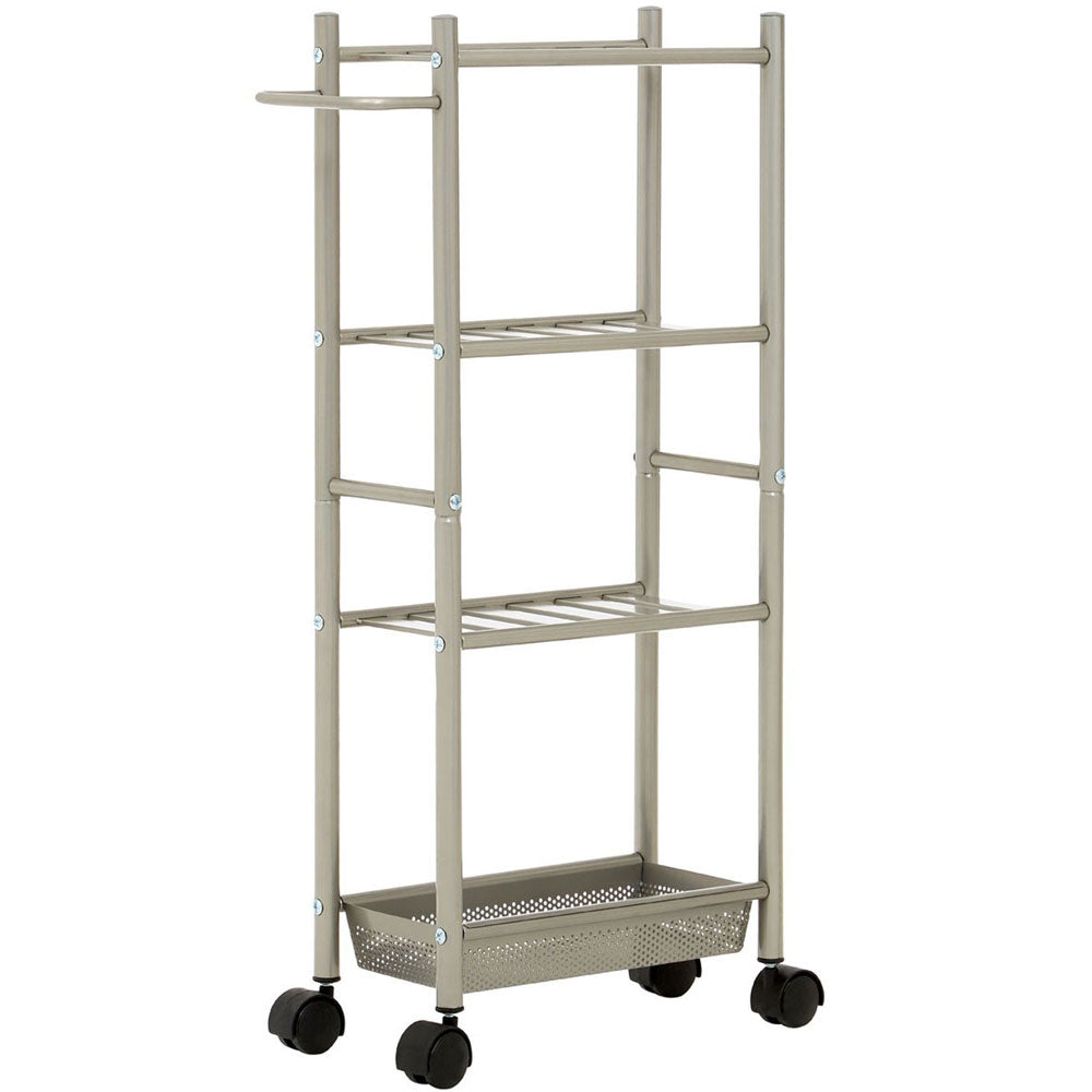 4 Tier Metal Trolley Basket with Towel Rail and Basket - Nickel