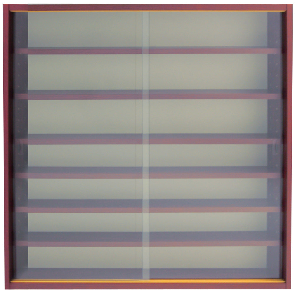 Wall-mounted mahogany-effect cabinet with glass shelves