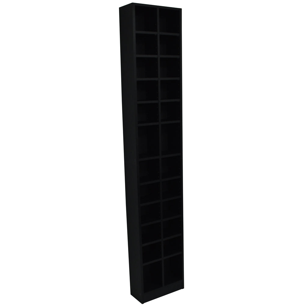 Black tall media storage tower with adjustable shelves