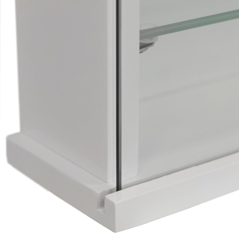 Wall-mounted white wood and glass cabinet with four adjustable shelves