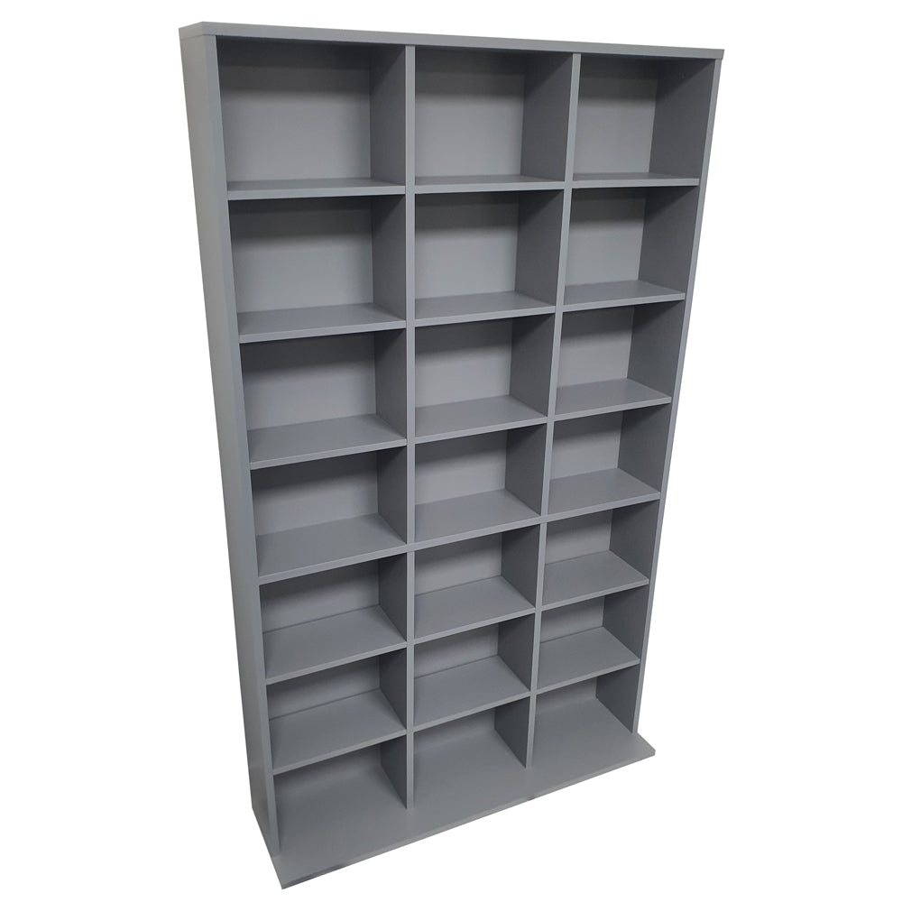 Grey wall-mounted media storage shelf with adjustable design