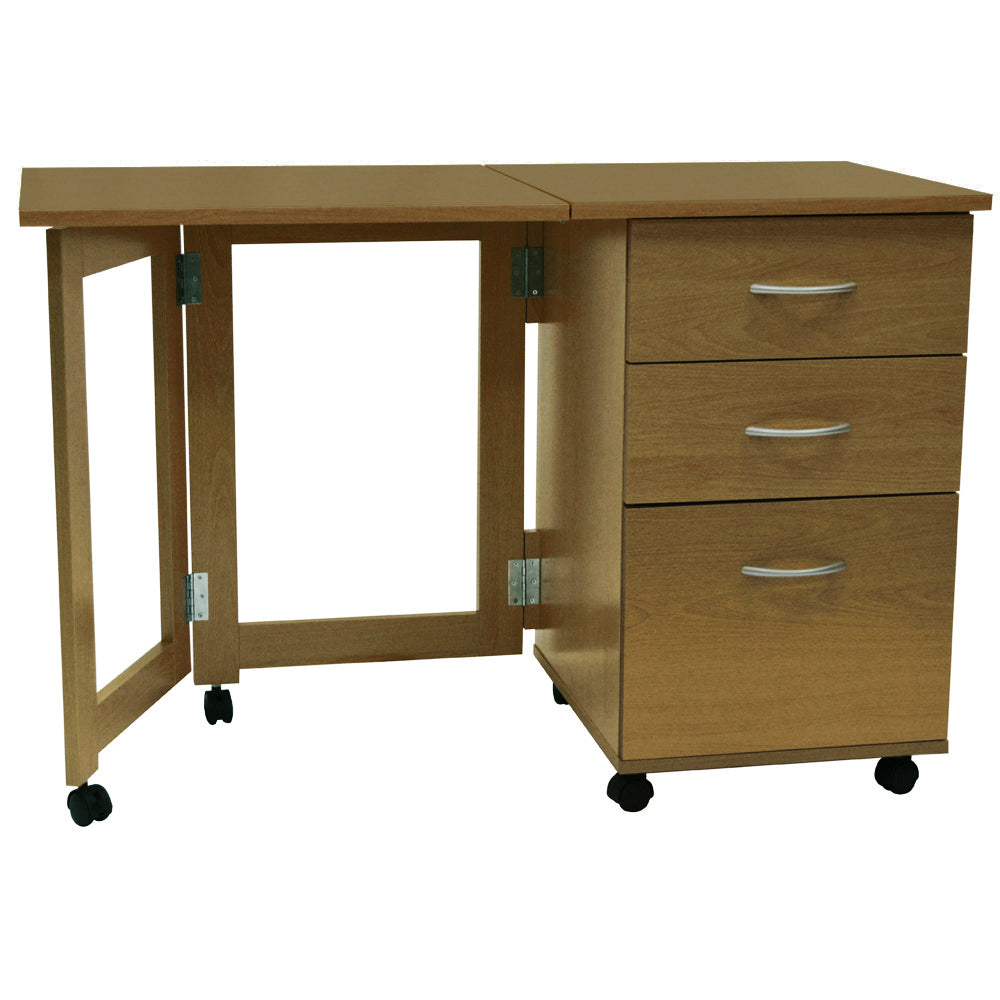 Oak folding desk with three storage drawers